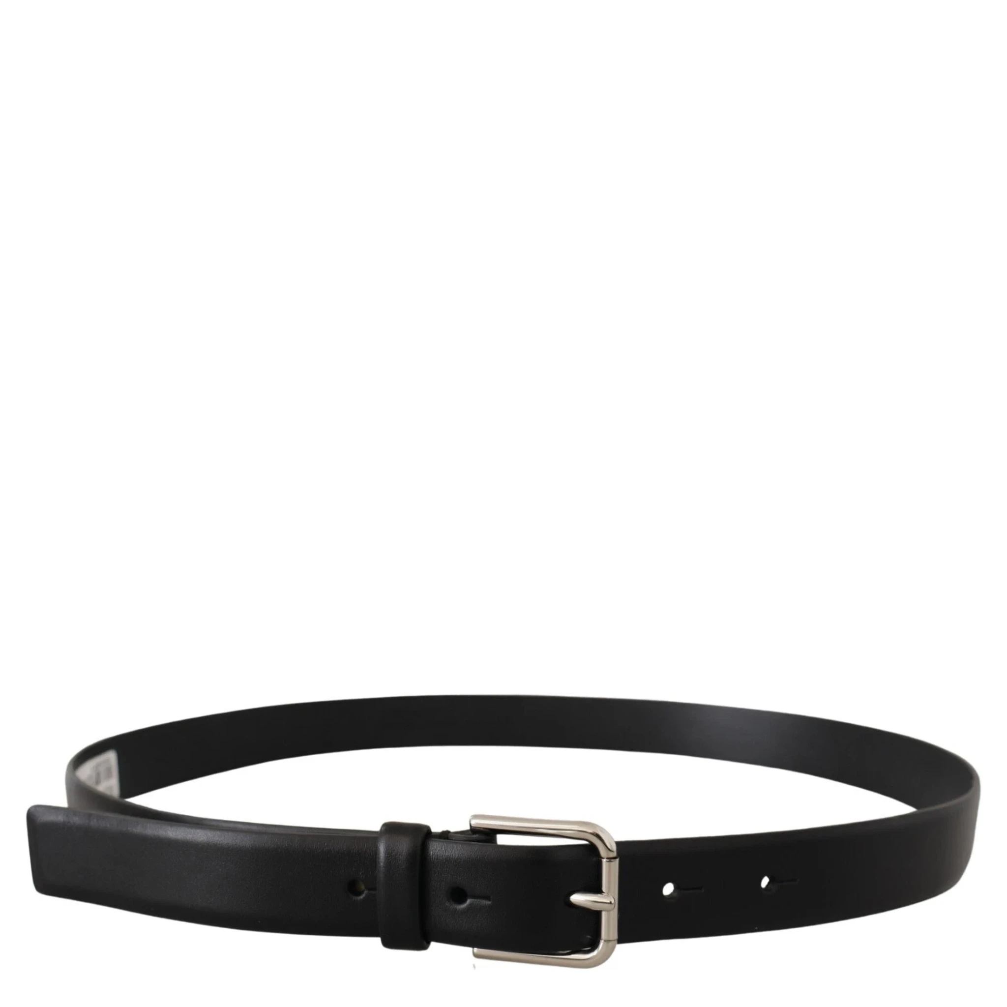 Black Calf Leather Silver Tone Logo Buckle Belt