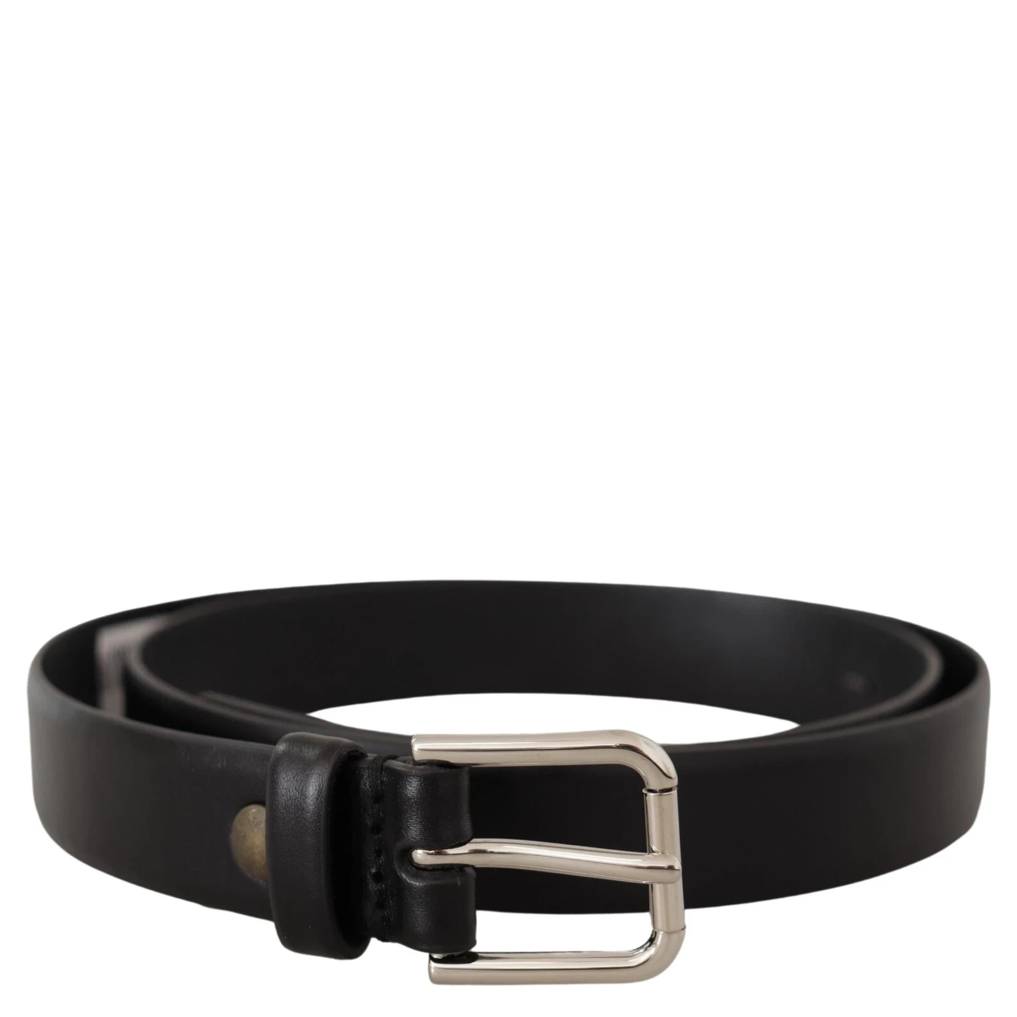 Black Calf Leather Silver Tone Logo Buckle Belt