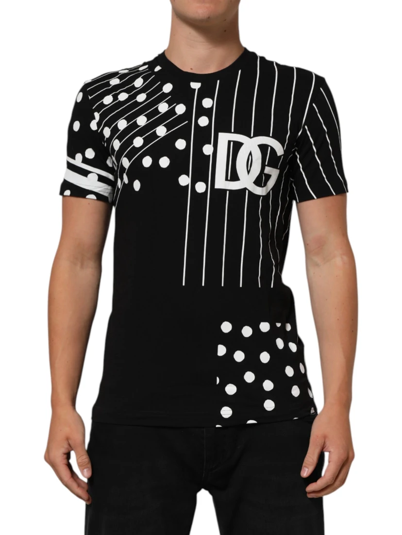 Black Cotton Polka Dots Round Neck T-shirt