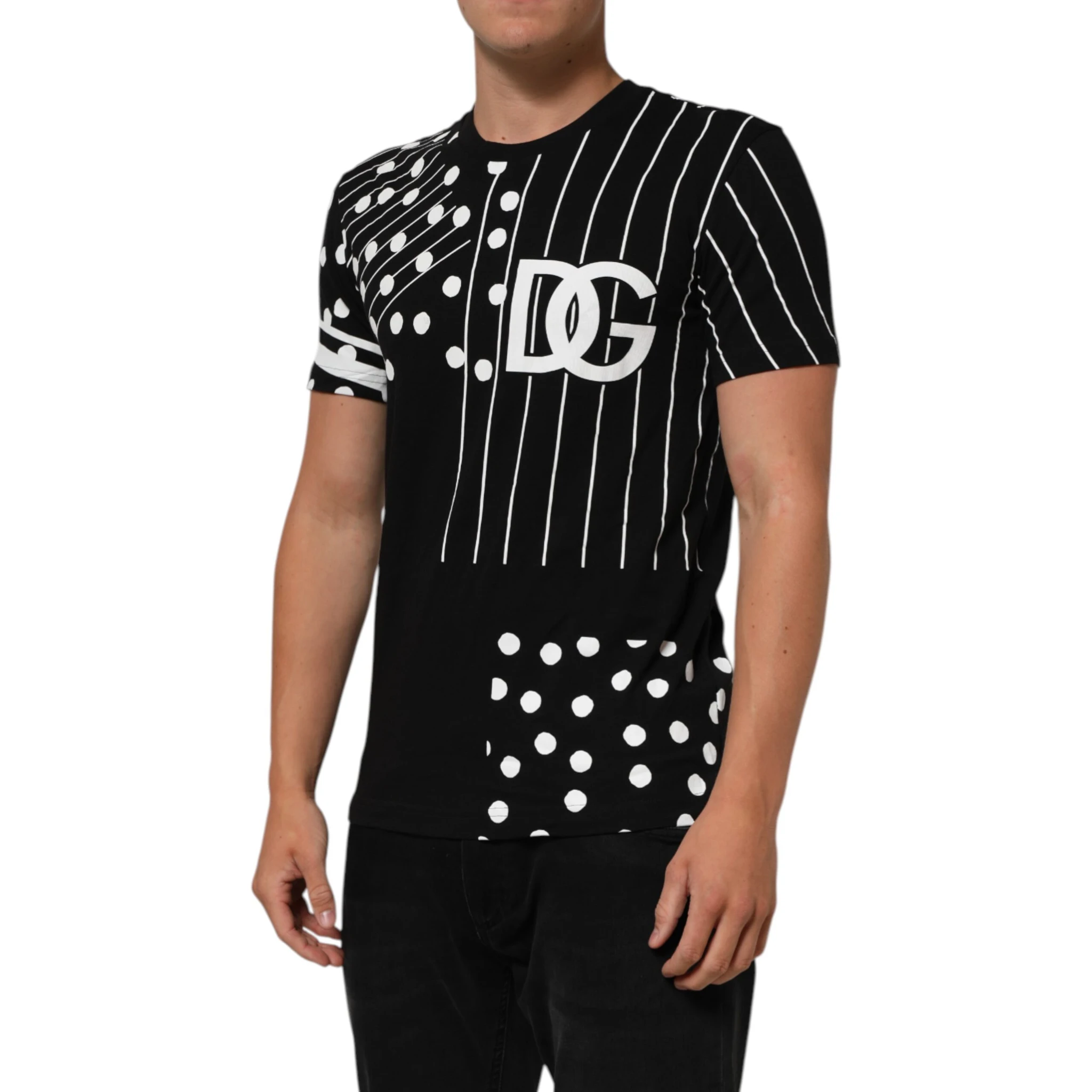Black Cotton Polka Dots Round Neck T-shirt