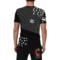 Black Cotton Polka Dots Round Neck T-shirt