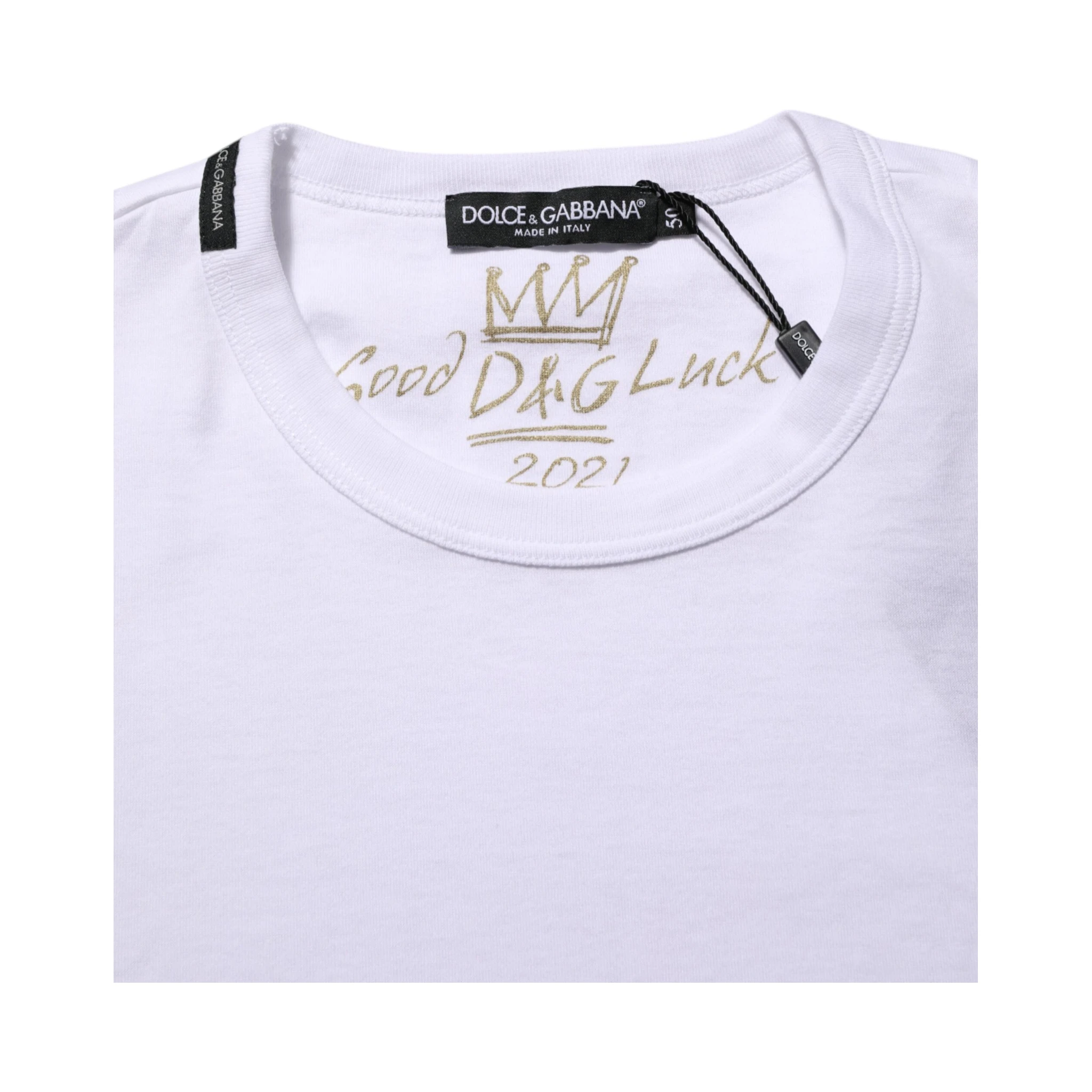 White Goodluck 2021 Cotton Crew Neck  T-shirt