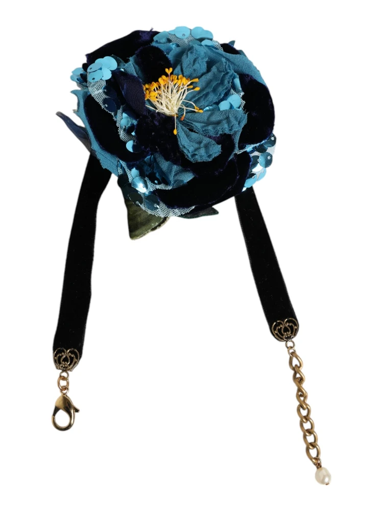 Blue Floral Appliqué Velvet Choker Crystal Beads Necklace alternative