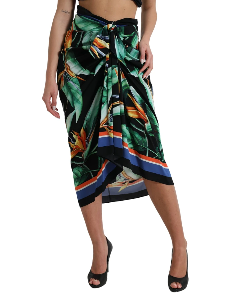 Black Strelitzia High Waist Wrap Midi Skirt