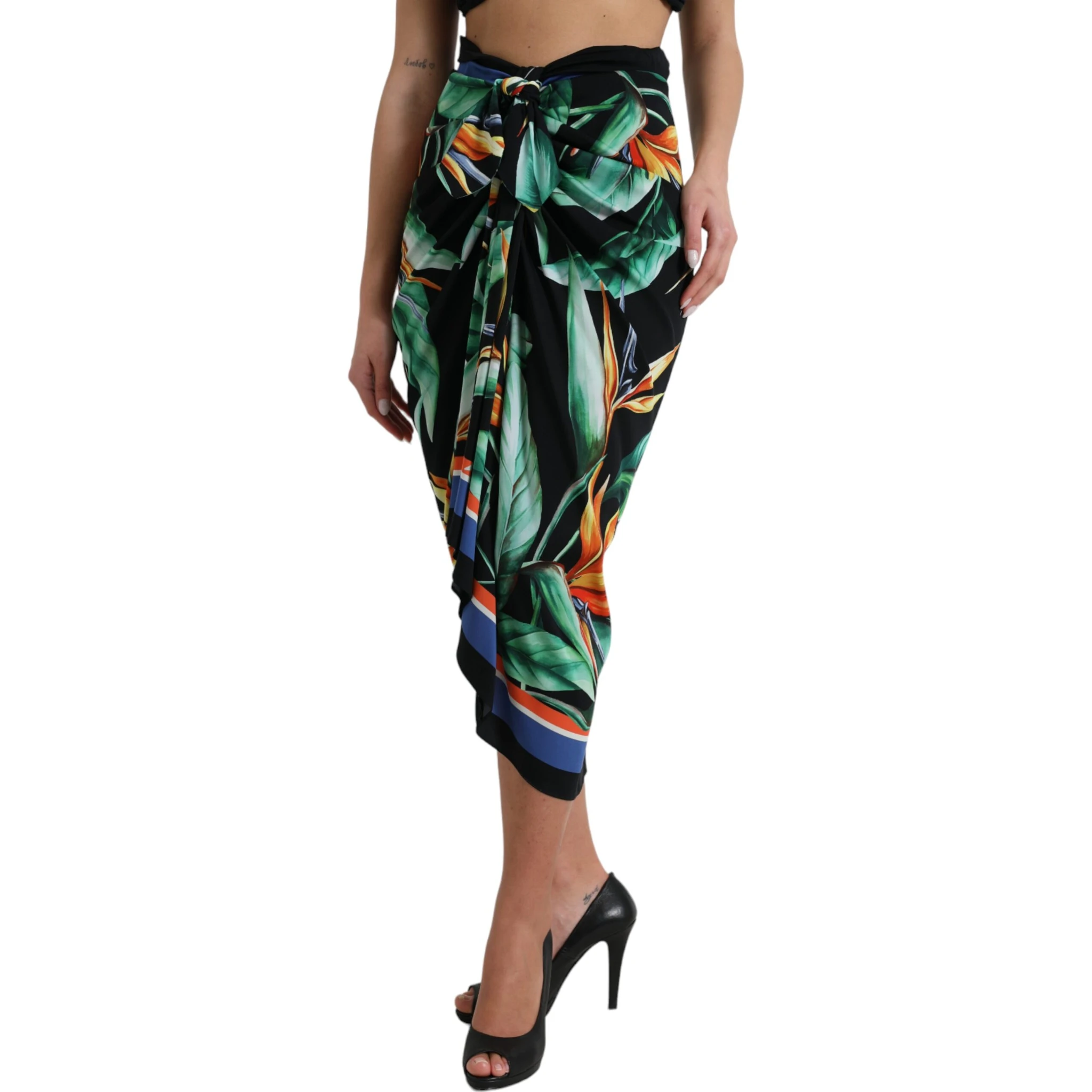 Black Strelitzia High Waist Wrap Midi Skirt