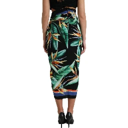 Black Strelitzia High Waist Wrap Midi Skirt