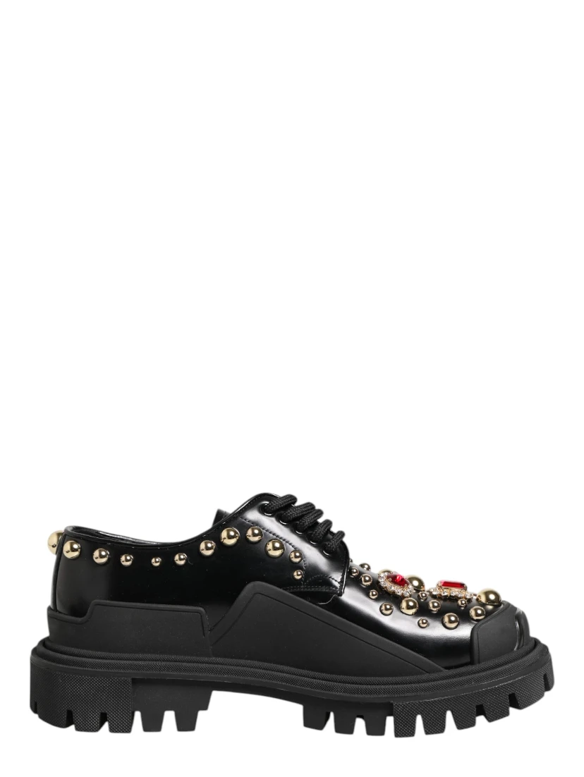 Black Leather Jeweled Crystals Derby Shoes