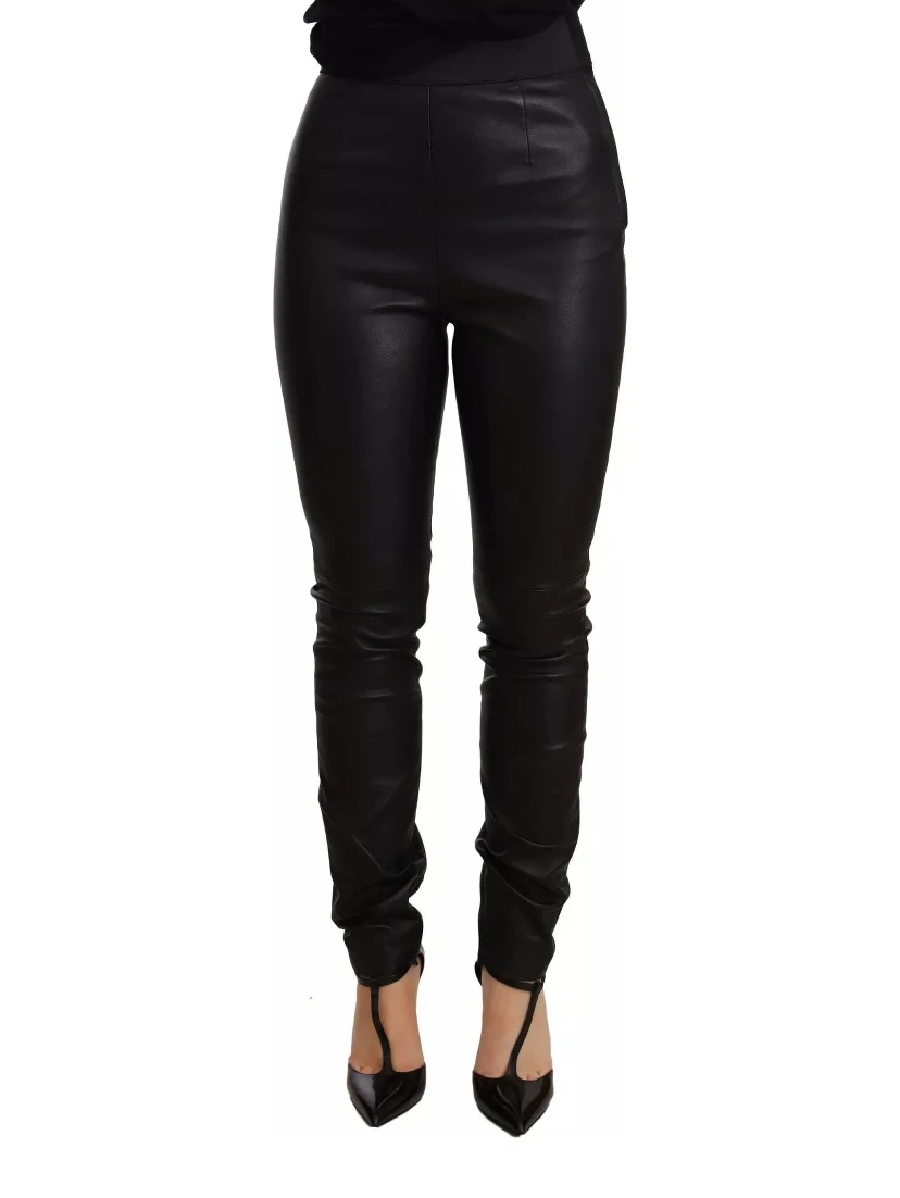 Black Leather Elastic Waist Trouser Pants