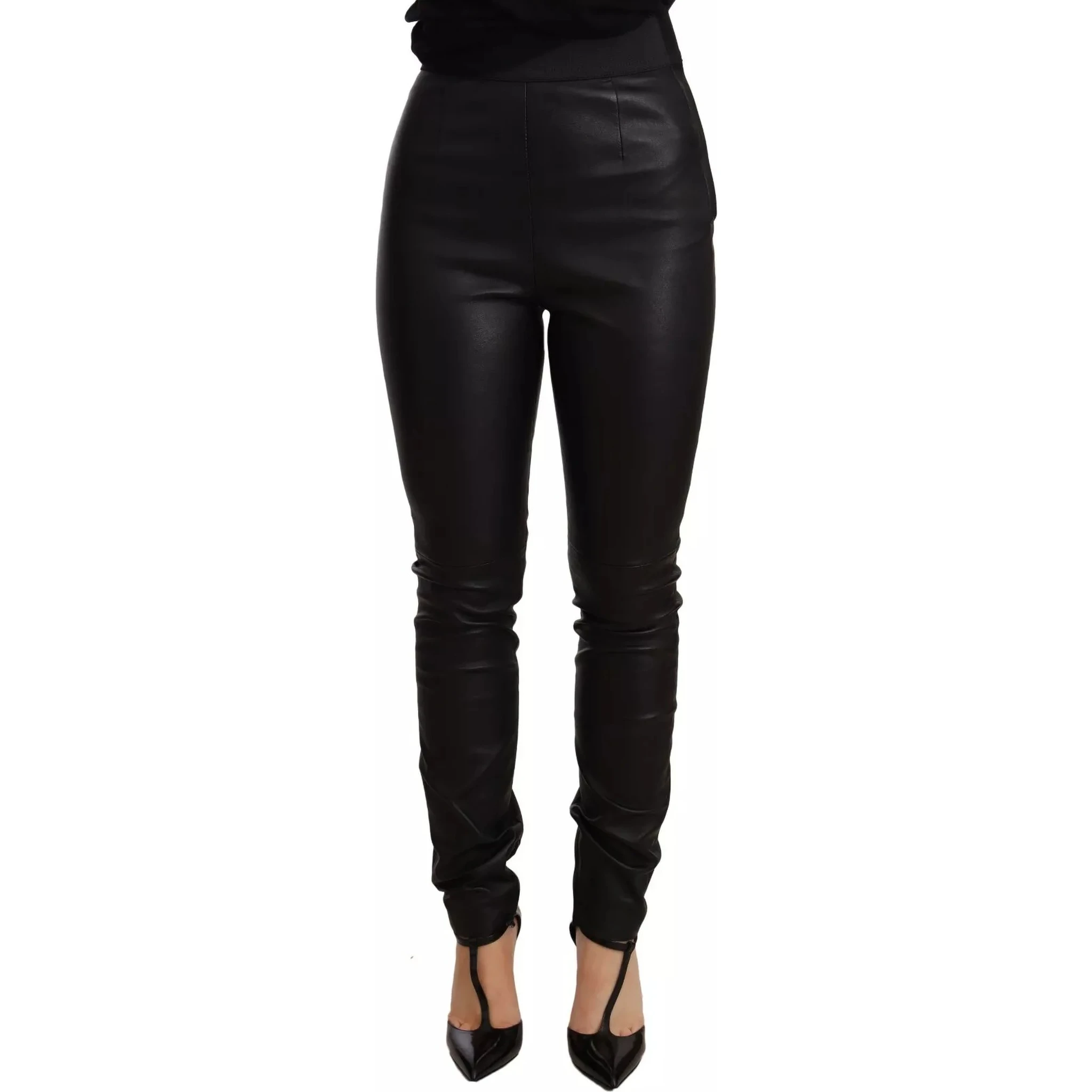 Black Leather Elastic Waist Trouser Pants