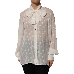 White Polka Sheer Silk Bow Tie Shirt Blouse Top