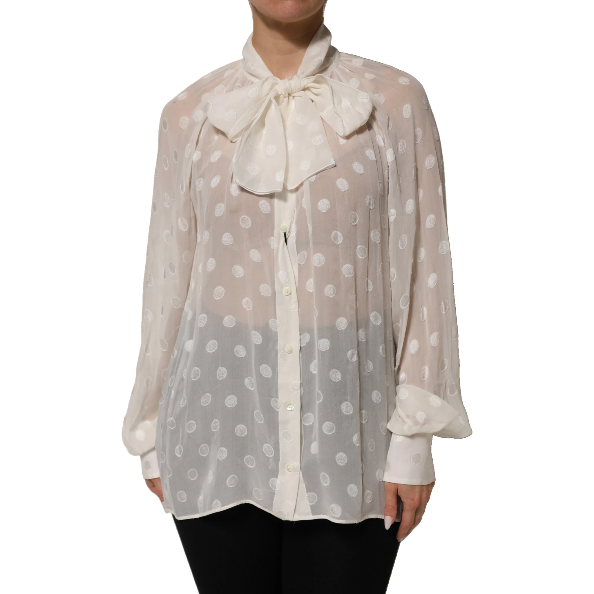 White Polka Sheer Silk Bow Tie Shirt Blouse Top