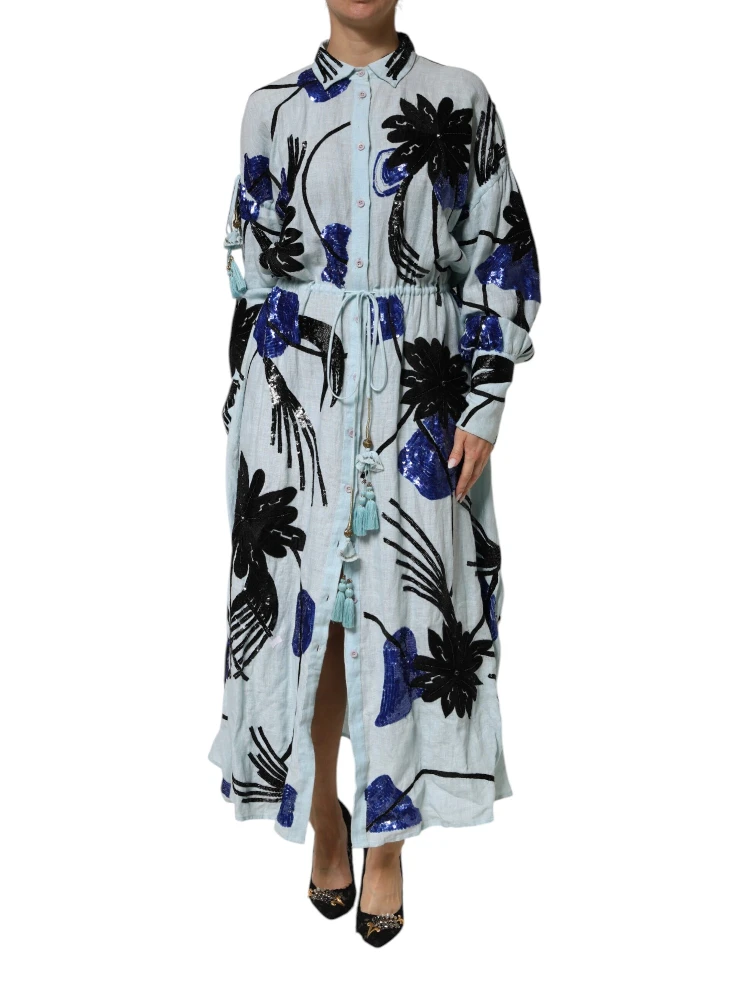 Blue Sequin Embellished Shirt Maxi Dress