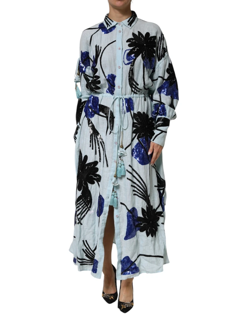 Blue Sequin Embellished Shirt Maxi Dress