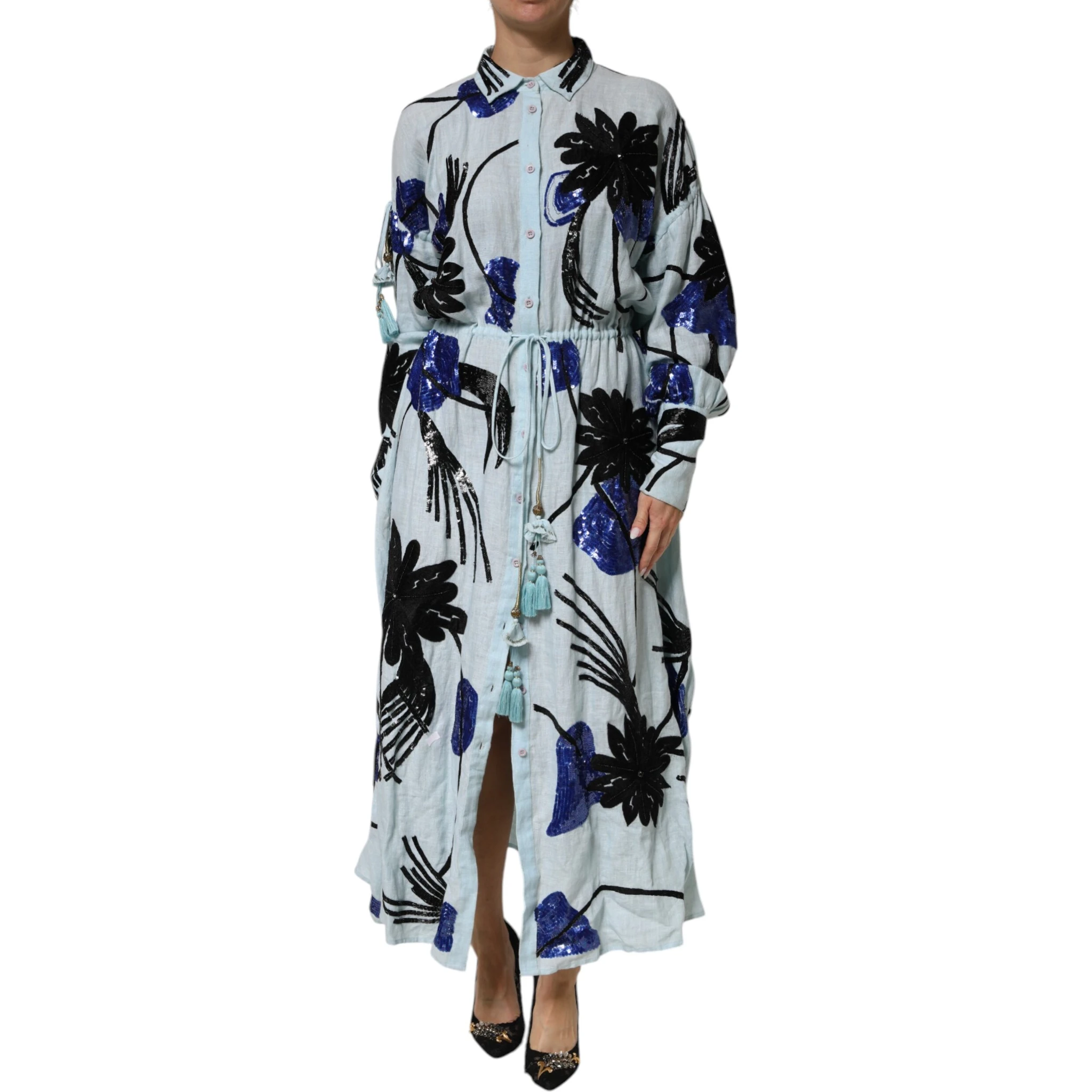 Blue Sequin Embellished Shirt Maxi Dress