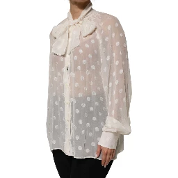 White Polka Sheer Silk Bow Tie Shirt Blouse Top