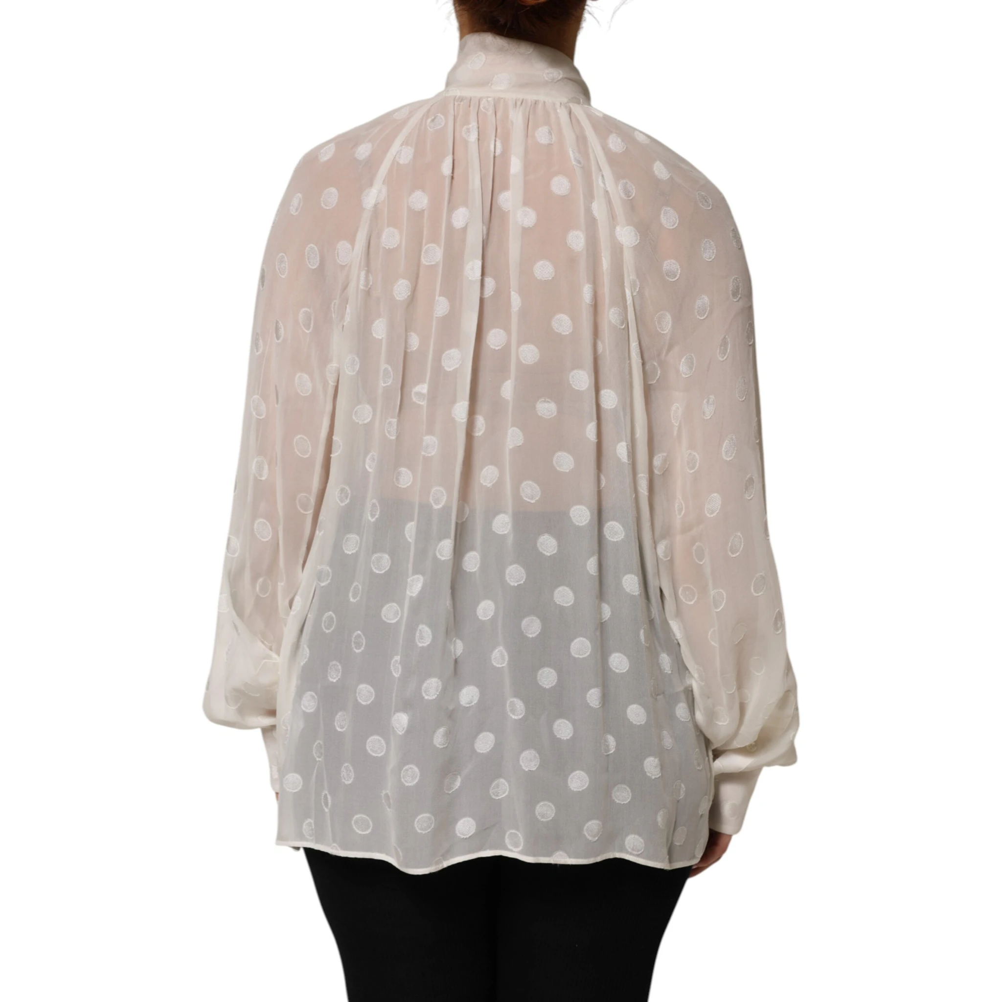 White Polka Sheer Silk Bow Tie Shirt Blouse Top
