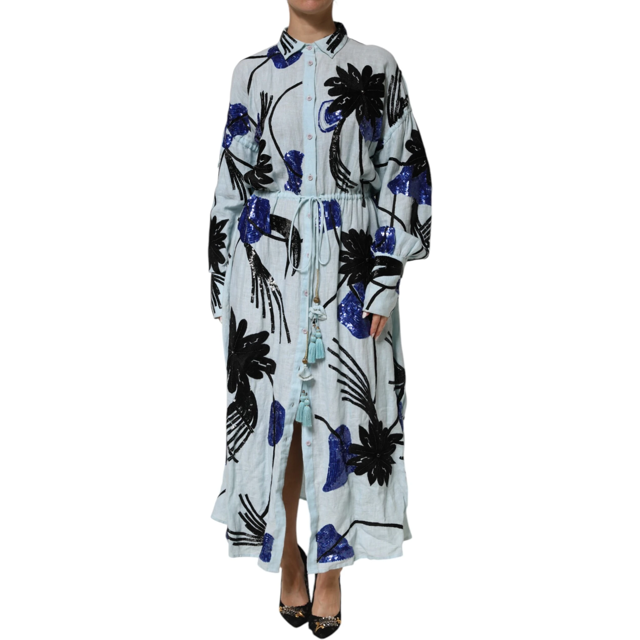 Blue Sequin Embellished Shirt Maxi Dress
