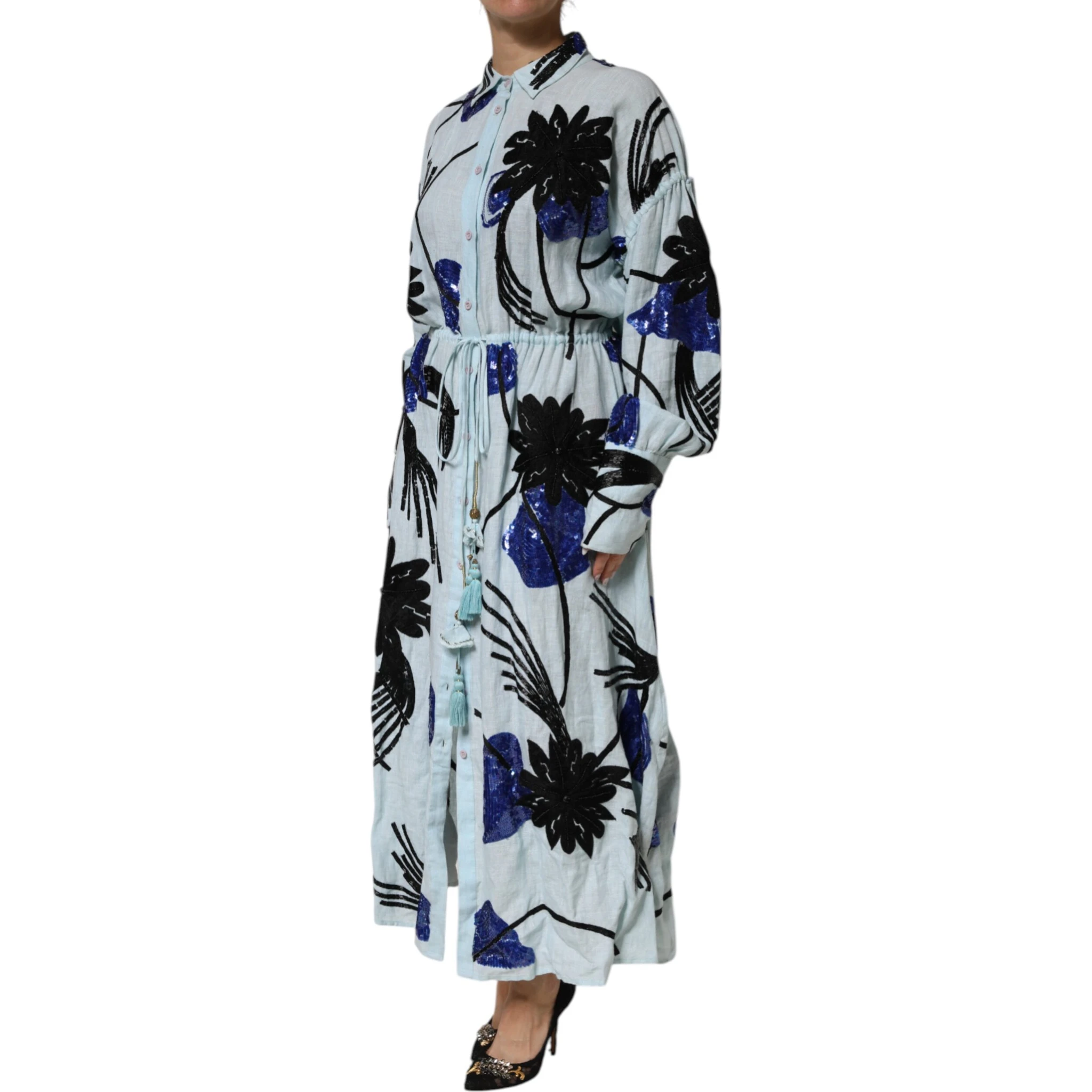 Blue Sequin Embellished Shirt Maxi Dress