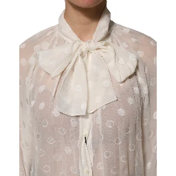 White Polka Sheer Silk Bow Tie Shirt Blouse Top