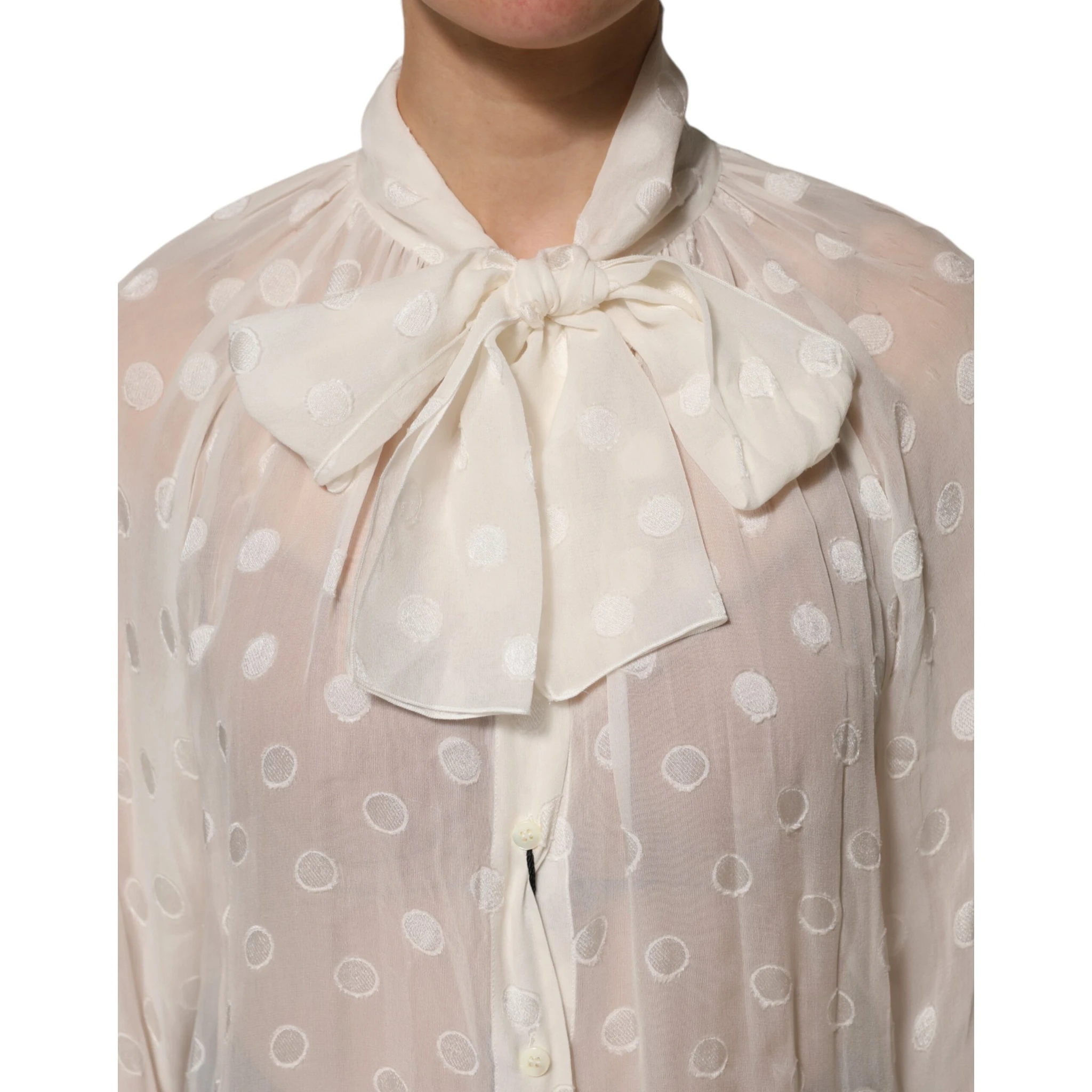 White Polka Sheer Silk Bow Tie Shirt Blouse Top