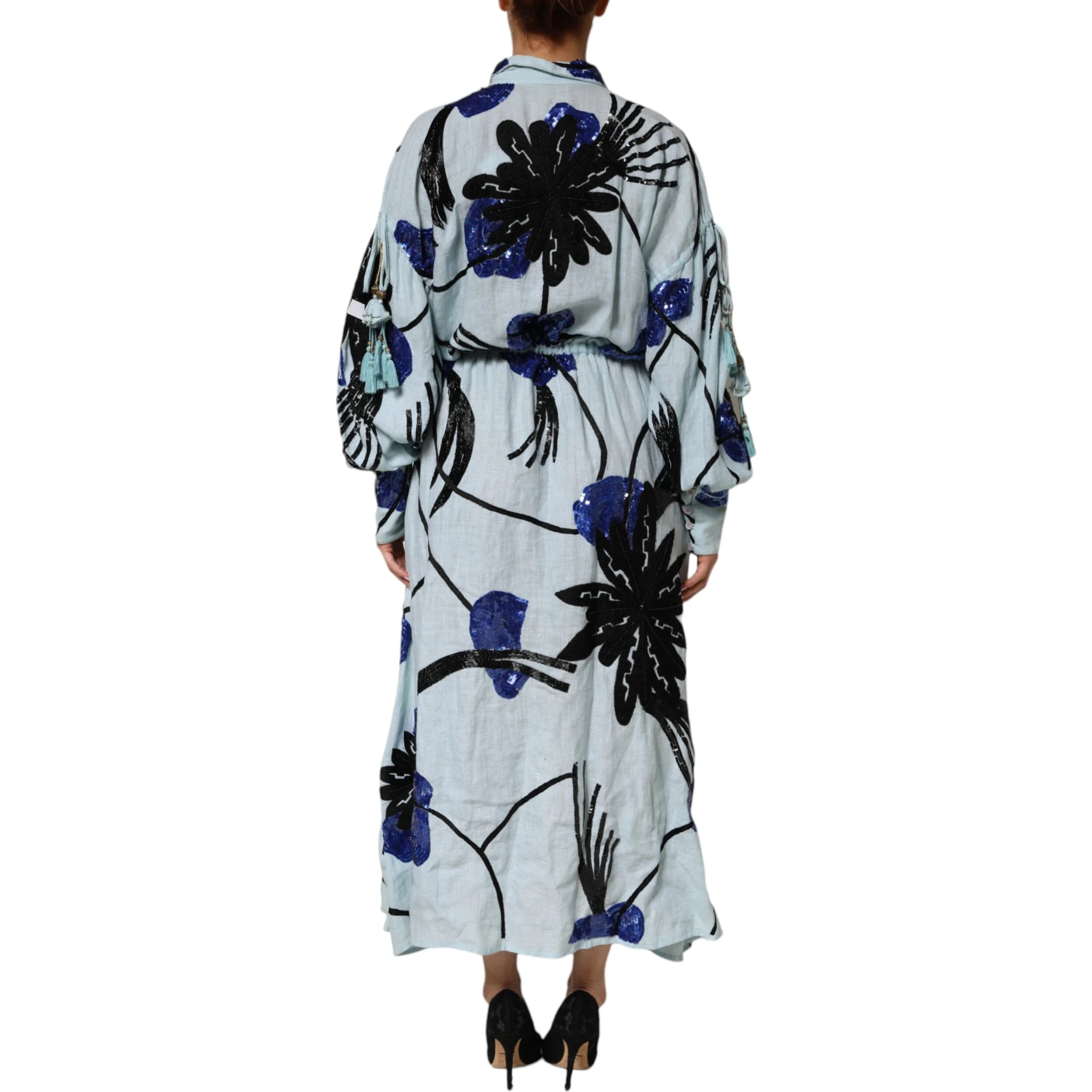 Blue Sequin Embellished Shirt Maxi Dress