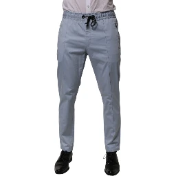 Light Blue Cotton Drawstring Elastic Waist Men Pants