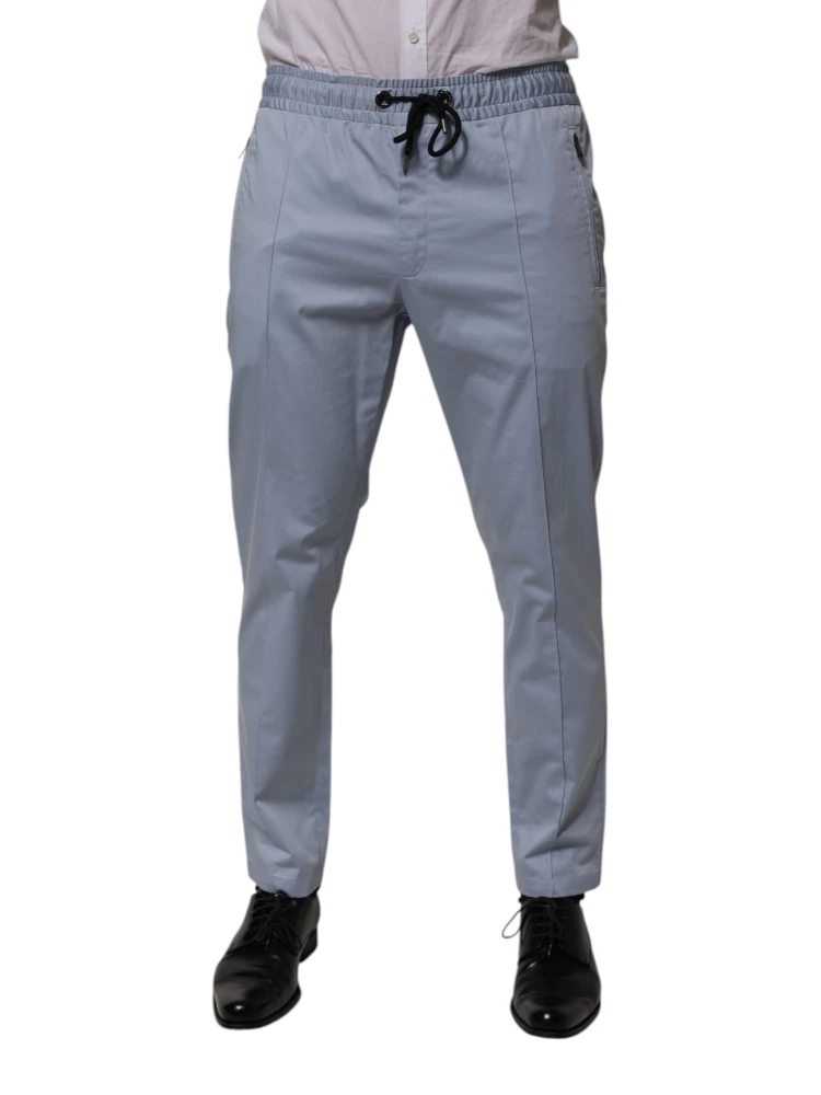 Light Blue Cotton Drawstring Elastic Waist Men Pants