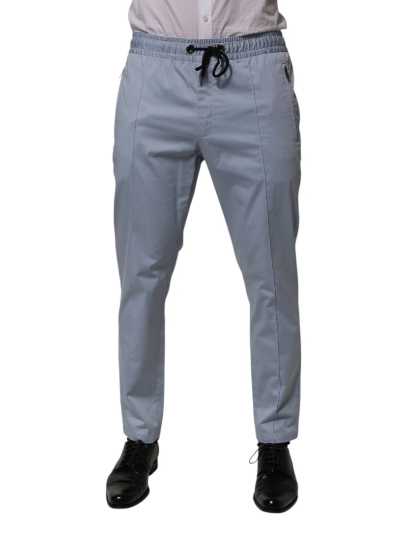 Light Blue Cotton Drawstring Elastic Waist Men Pants