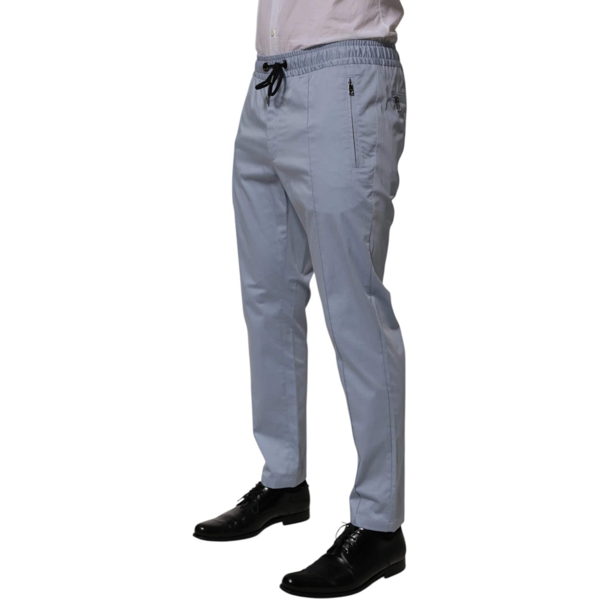 Light Blue Cotton Drawstring Elastic Waist Men Pants