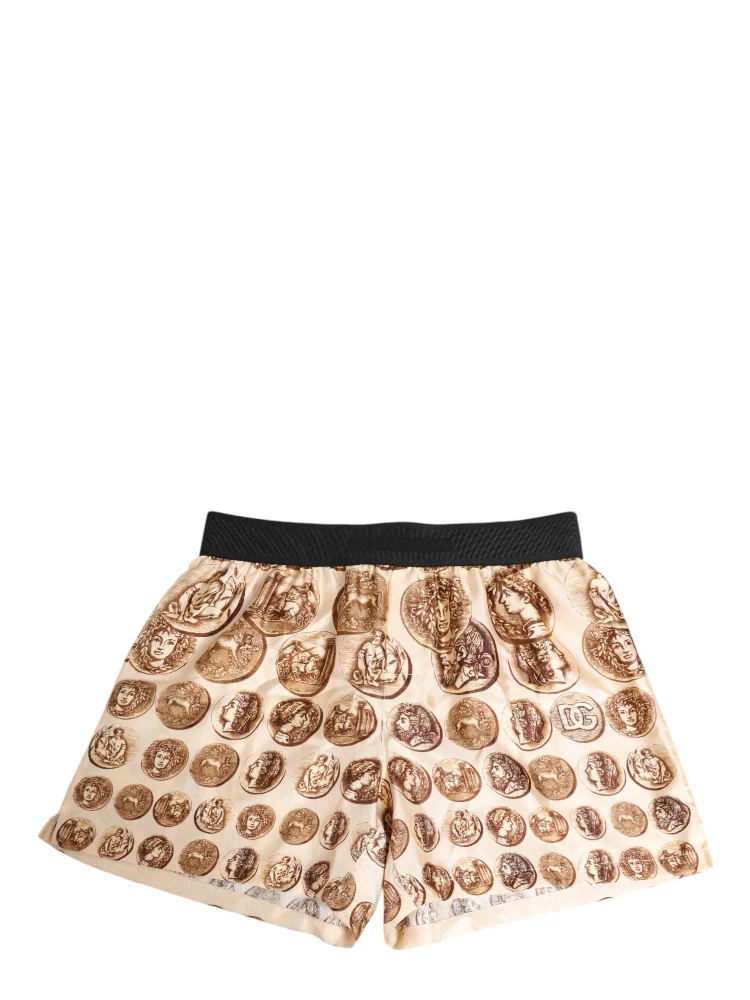 Brown Ancient Coin Print Silk Shorts Swimwear