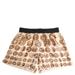Brown Ancient Coin Print Silk Shorts Swimwear
