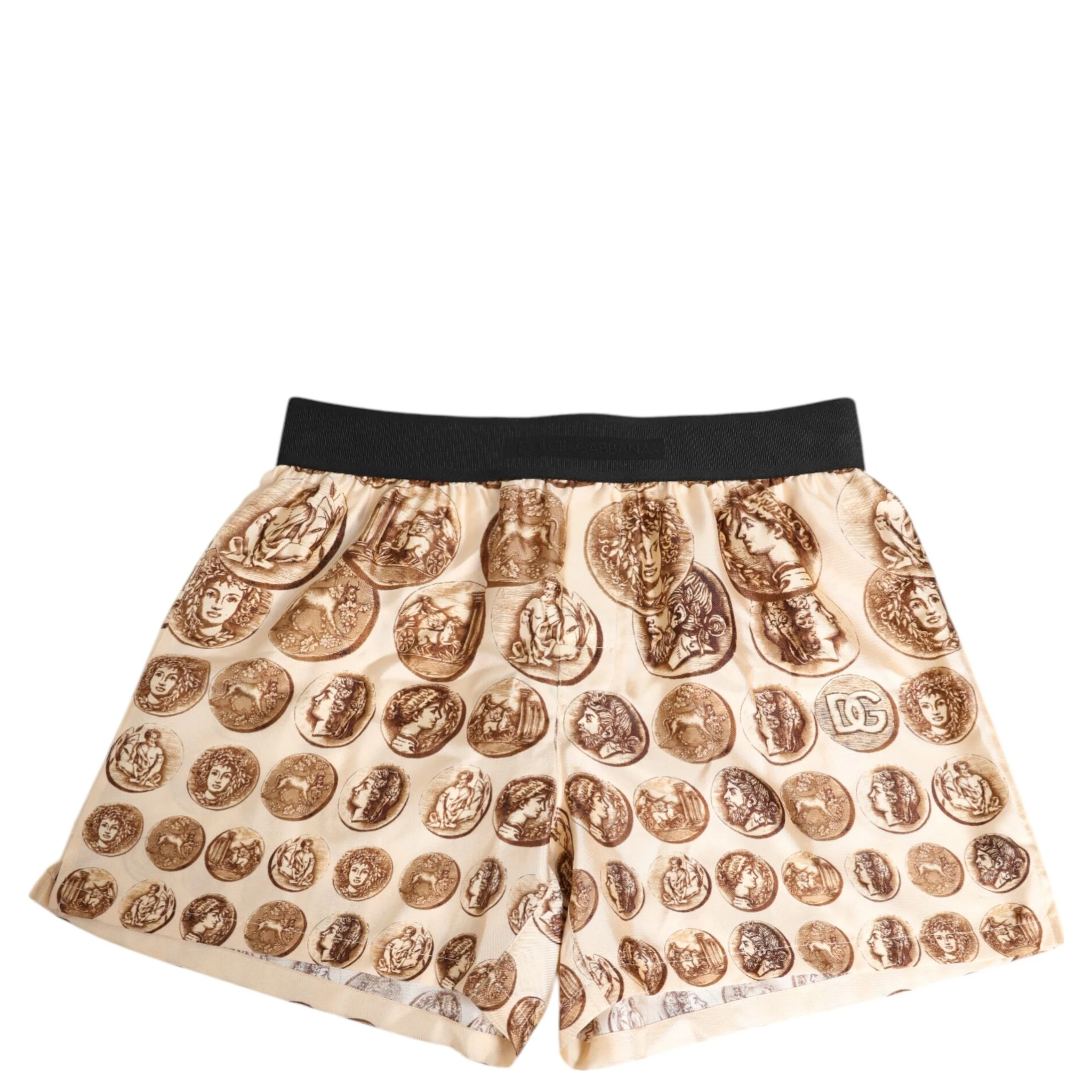 Brown Ancient Coin Print Silk Shorts Swimwear