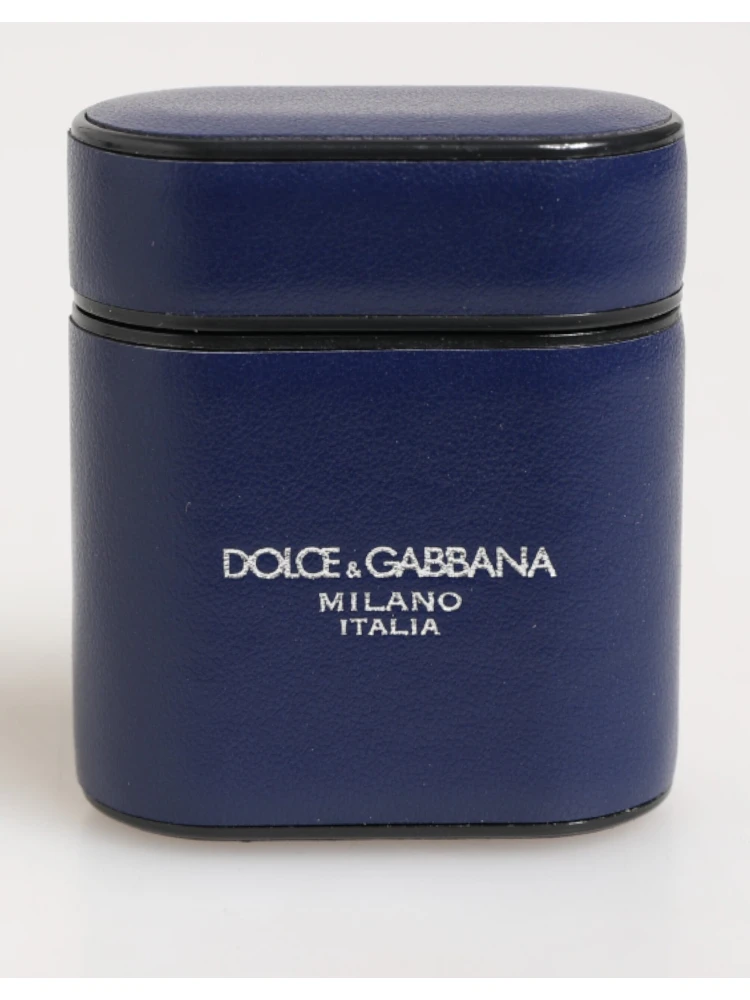 Blue Leather Logo Print Flip Holder Men Airpods Case