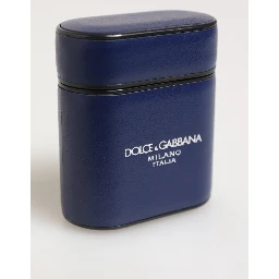 Blue Leather Logo Print Flip Holder Men Airpods Case