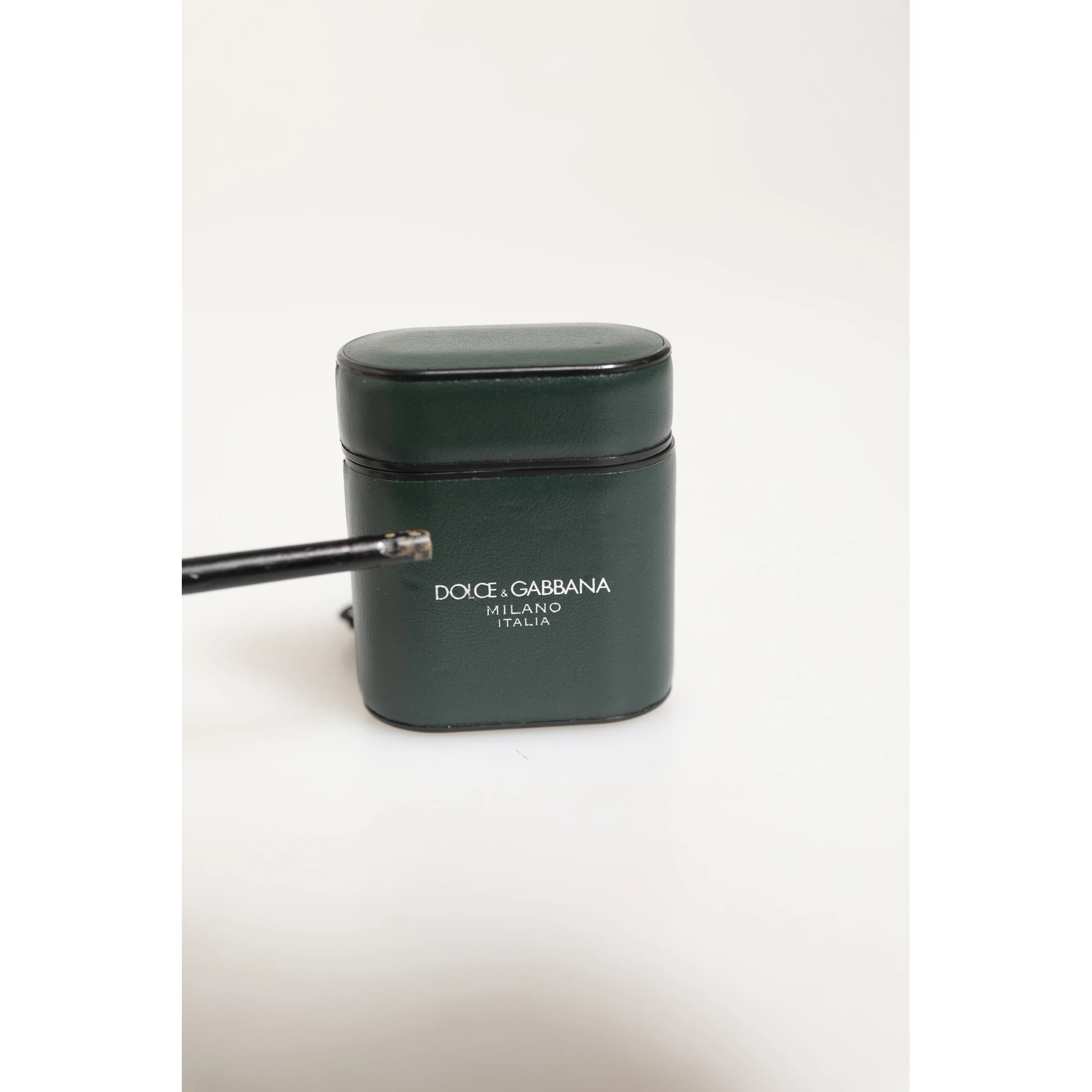 Army Green Calfskin Leather Logo Flip Holder Airpods Case