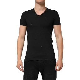 Black Cotton Tattered Logo V-Neck Men T-shirt