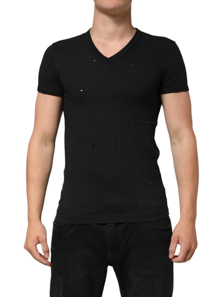 Black Cotton Tattered Logo V-Neck Men T-shirt alternative