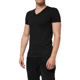 Black Cotton Tattered Logo V-Neck Men T-shirt
