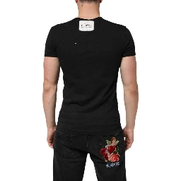 Black Cotton Tattered Logo V-Neck Men T-shirt
