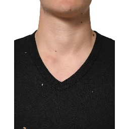 Black Cotton Tattered Logo V-Neck Men T-shirt