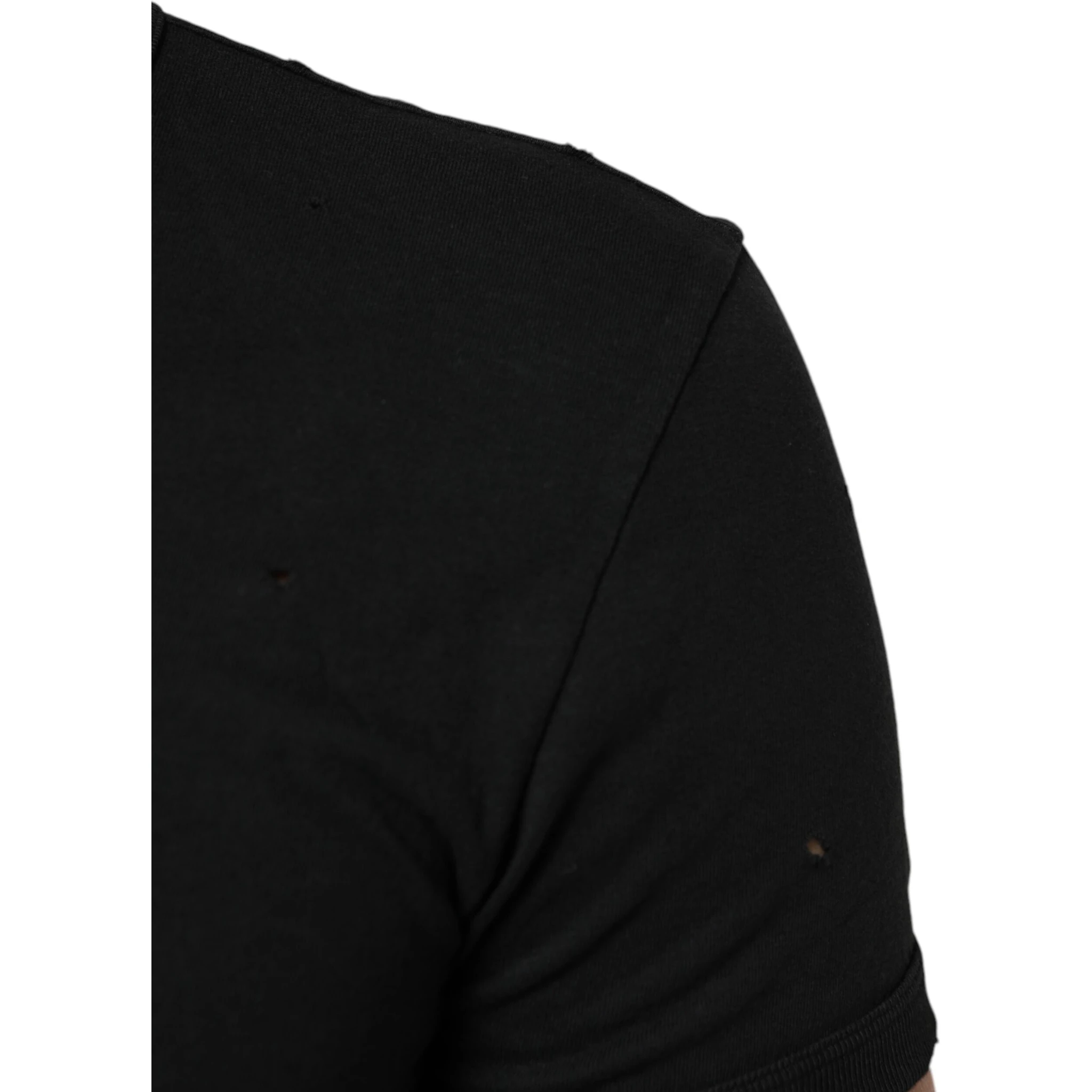 Black Cotton Tattered Logo V-Neck Men T-shirt