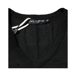 Black Cotton Tattered Logo V-Neck Men T-shirt