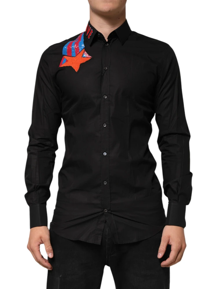 Black Cotton Star Sequin Dress Formal Men Shirt