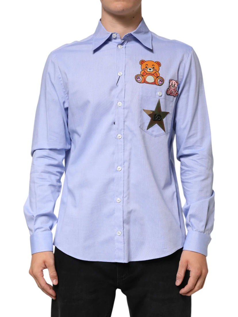 Light Blue Cotton Teddy Bear Long Sleeve Shirt