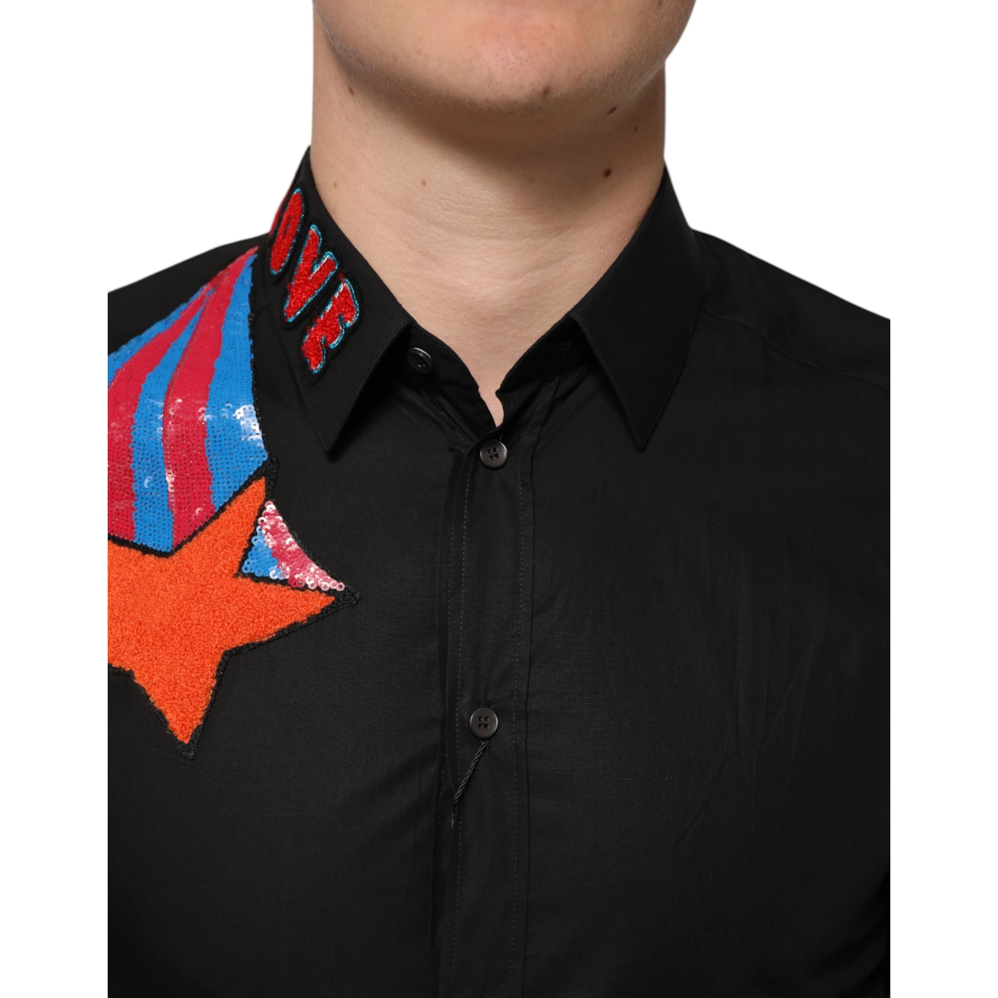 Black Cotton Star Sequin Dress Formal Men Shirt