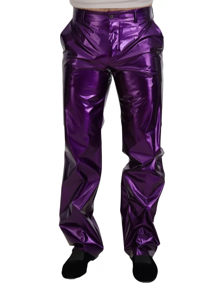 Purple Metallic Nylon Straight Trouser Pants