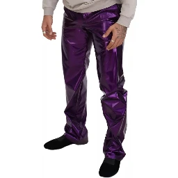 Purple Metallic Nylon Straight Trouser Pants