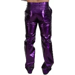 Purple Metallic Nylon Straight Trouser Pants