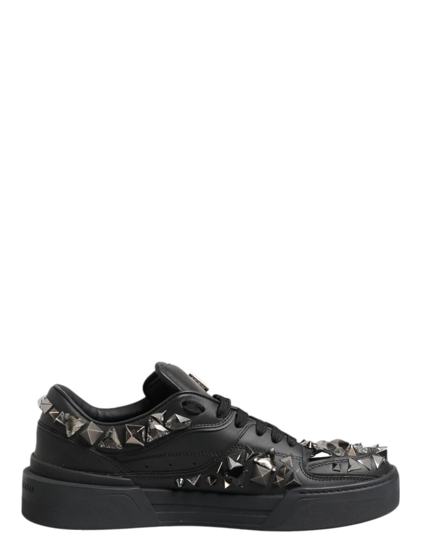 Black Leather Studded Low Top Sneakers Shoes