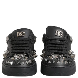 Black Leather Studded Low Top Sneakers Shoes